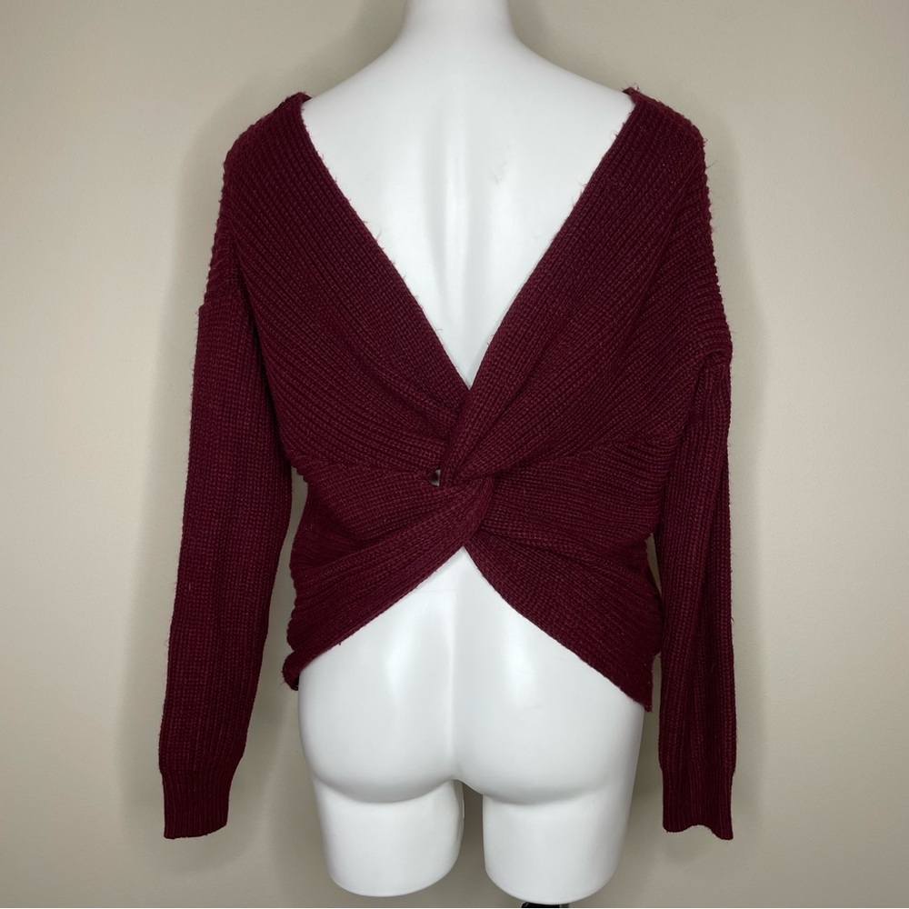 Love Tree Deep Red V-Neck Sweater Low Criss Cross Back or Reversible